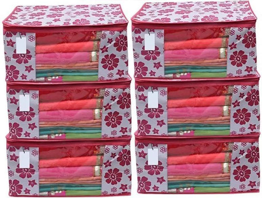Polka Pink Flower Design Saree Cover / Clothes Travel Bag (Pack of 6)